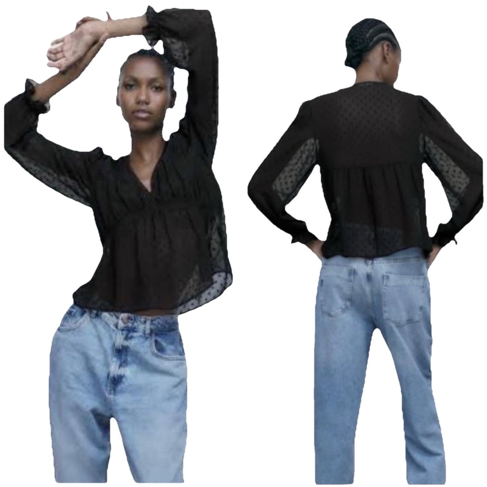 ZARA Women Size XXL Black Plumetis Lace Trim Sheer V-Neck Blouse Long Sleeve